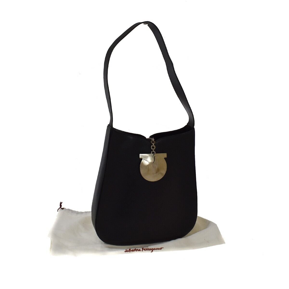 SALVATORE FERRAGAMO Gancini Logos One Shoulder Bag  Leather Black Italy 05DA037