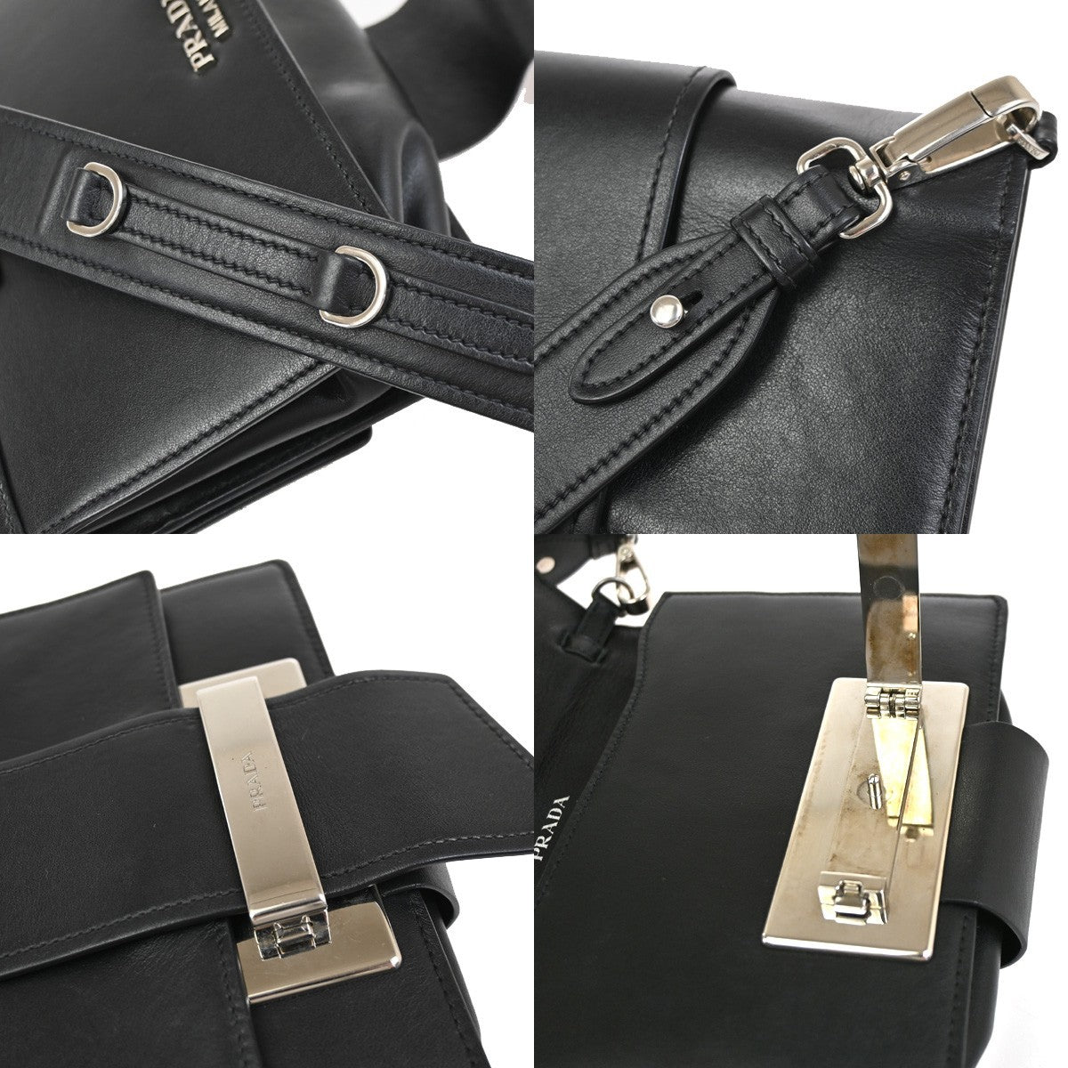 PRADA Logo Metal Ribbon Mini Shoulder Bag City Calf Leather Black SHW 79YJ076