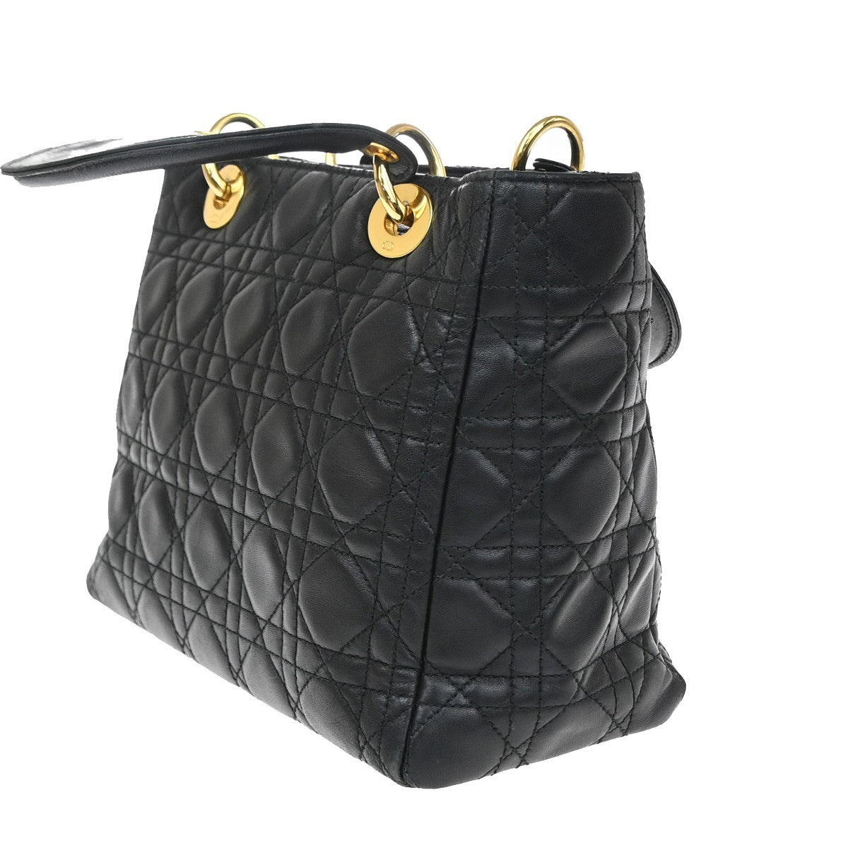 CHRISTIAN DIOR Lady Cannage Hand Tote Bag Leather Black Gold Italy 46RQ062