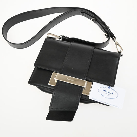 PRADA Logo Metal Ribbon Mini Shoulder Bag City Calf Leather Black SHW 79YJ076