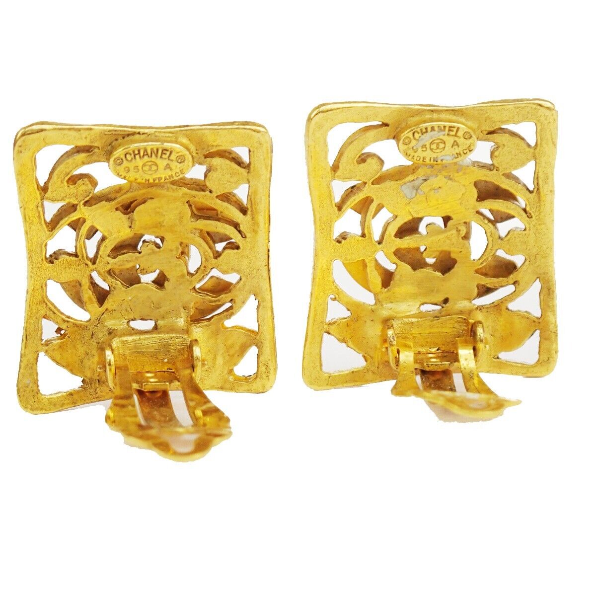 CHANEL CC Logo Earrings Square Clip-On  Gold 95A France Accessory 16RF017