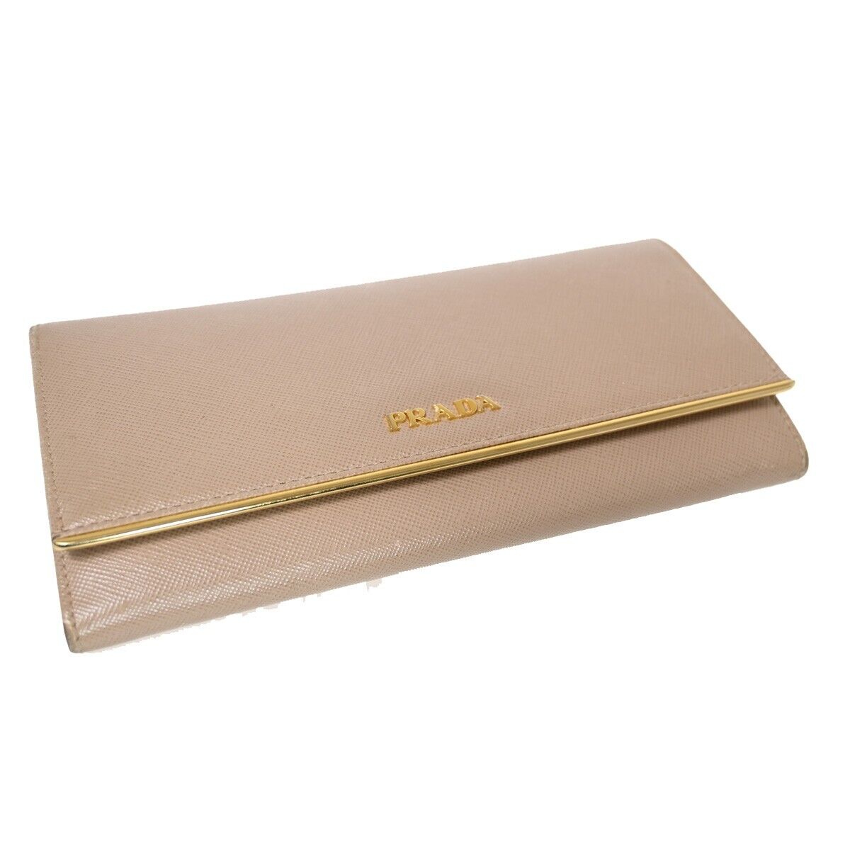 PRADA Logo Saffiano Long Bifold Wallet Purse Leather Beige Gold Italy 05SH556