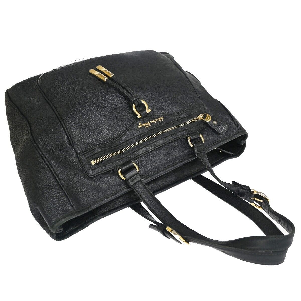 SALVATORE FERRAGAMO Logo Gancini Shoulder Bag Leather Black Gold Italy 63YC962