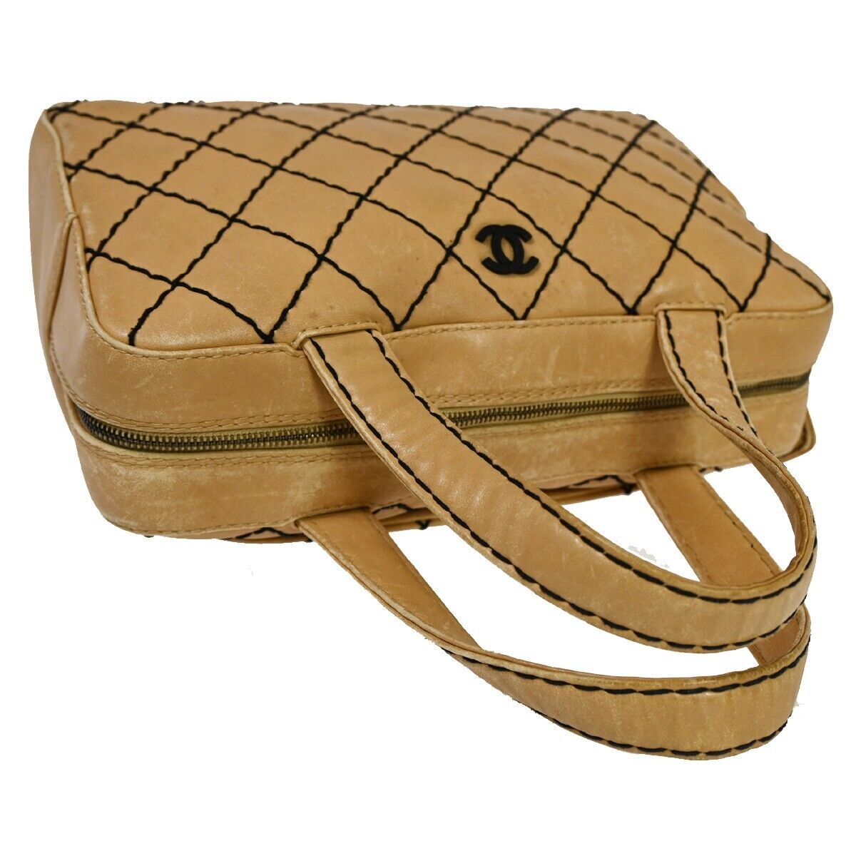 CHANEL CC Logo Wild Stitch Hand Tote Bag Leather Beige Black Italy 11SH052