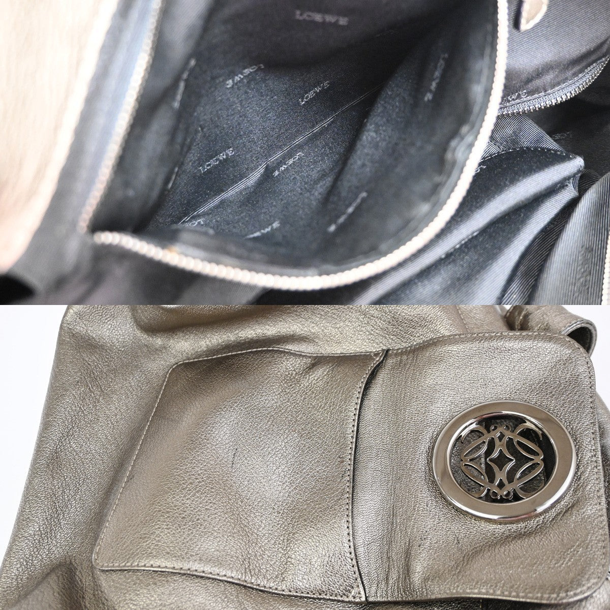 LOEWE Logo Nappa Aire Tote Hand Bag Leather Metallic Gray SHW Spain 80YH999