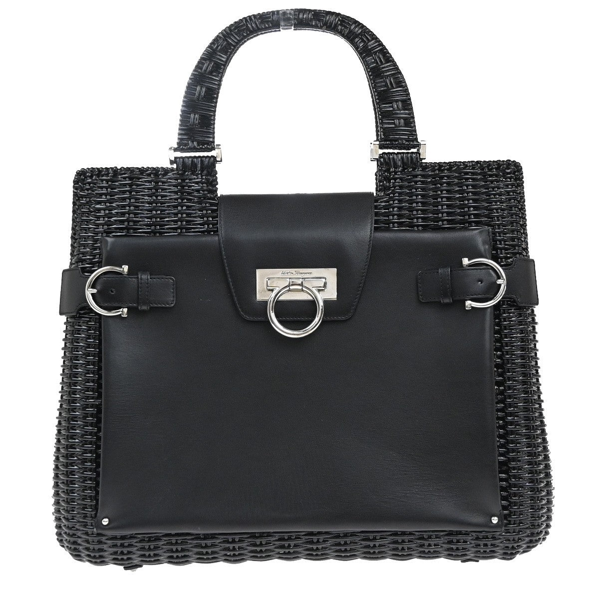 SALVATORE FERRAGAMO Gancini Hand Bag Leather Rattan Black SHW Italy 87RP105