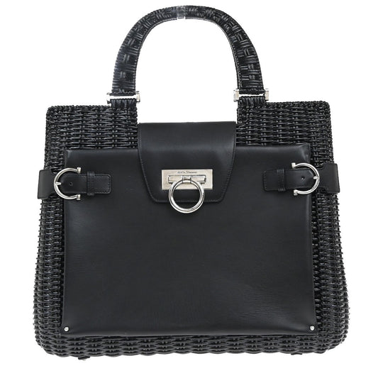 SALVATORE FERRAGAMO Gancini Hand Bag Leather Rattan Black SHW Italy 87RP105