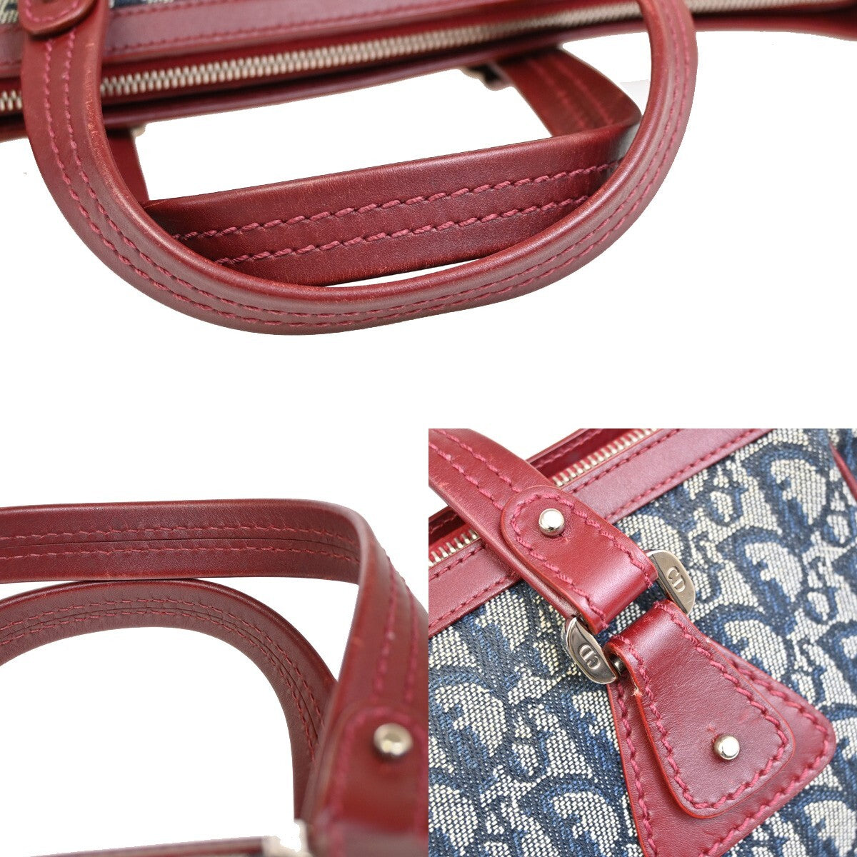CHRISTIAN DIOR Trotter Pattern Hand Bag Canvas Leather Navy Blue Red 16EE257
