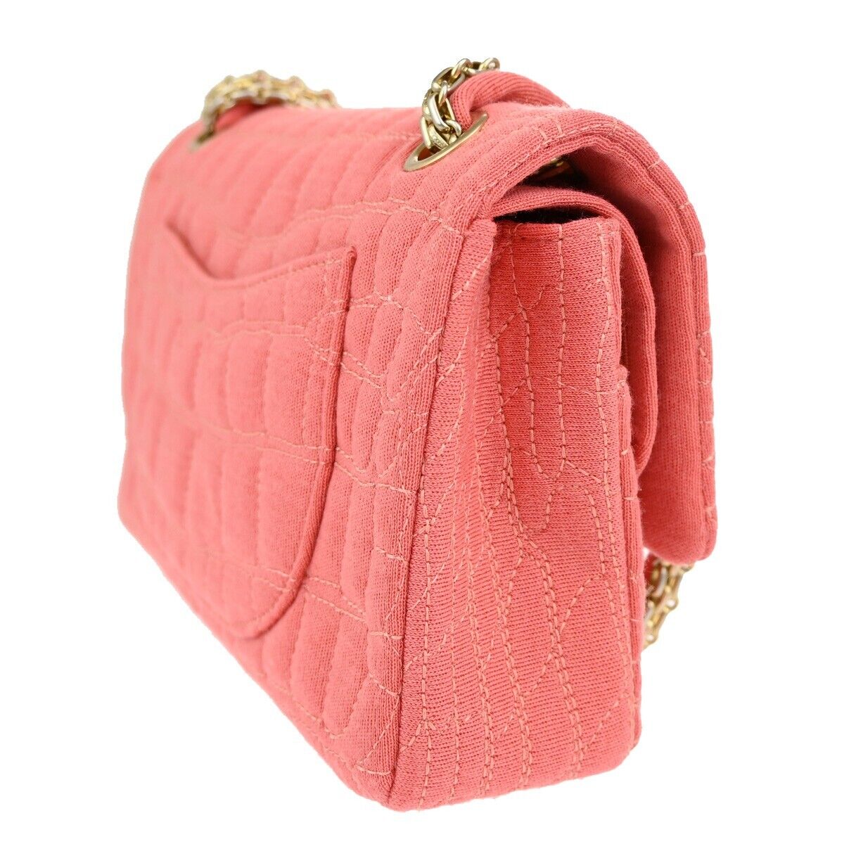 CHANEL Logo 2.55 Double Flap Chain Shoulder Bag Canvas Leather Pink GHW 314RJ738