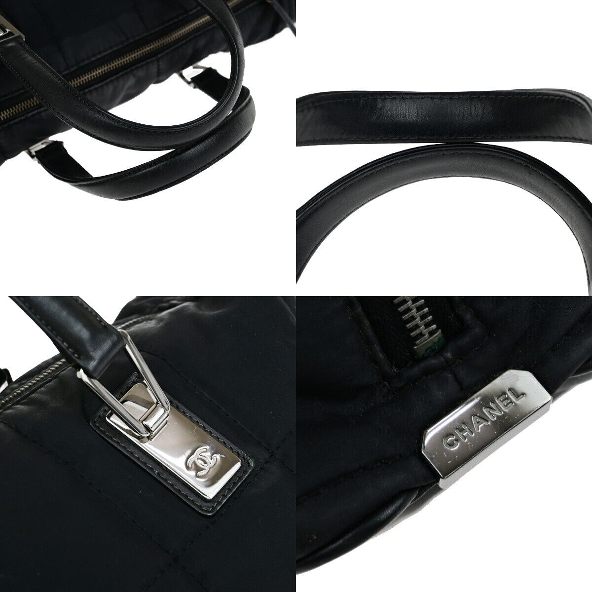 CHANEL CC Chocolate Bar Hand Bag Nylon Leather Black Silver Italy 11EB769