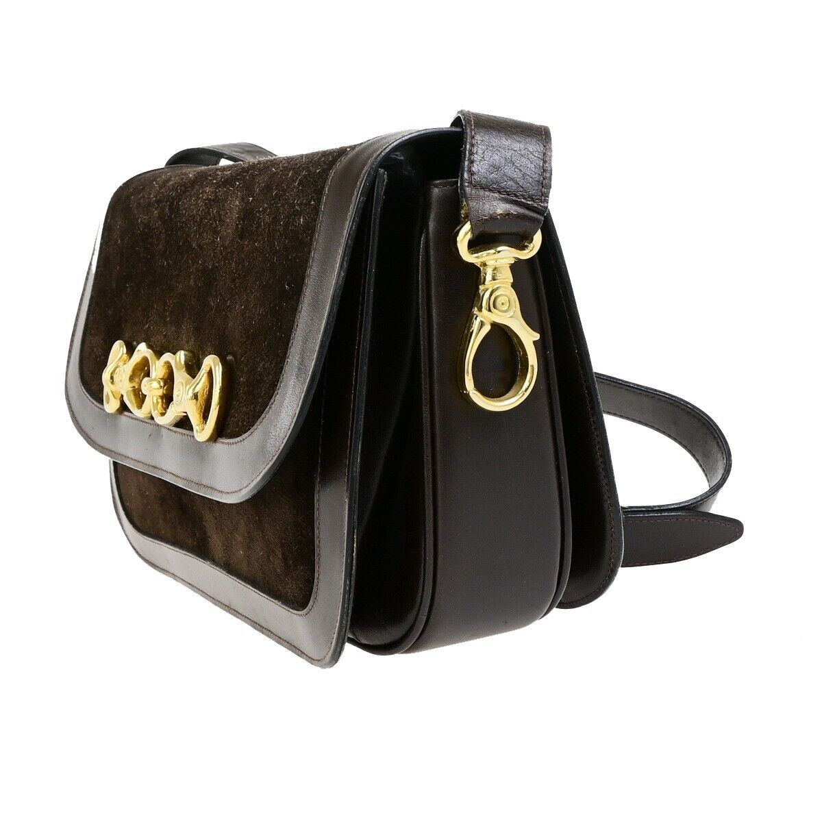 CELINE Logo Crossbody Shoulder Bag Suede Leather Brown GHW 63EC954