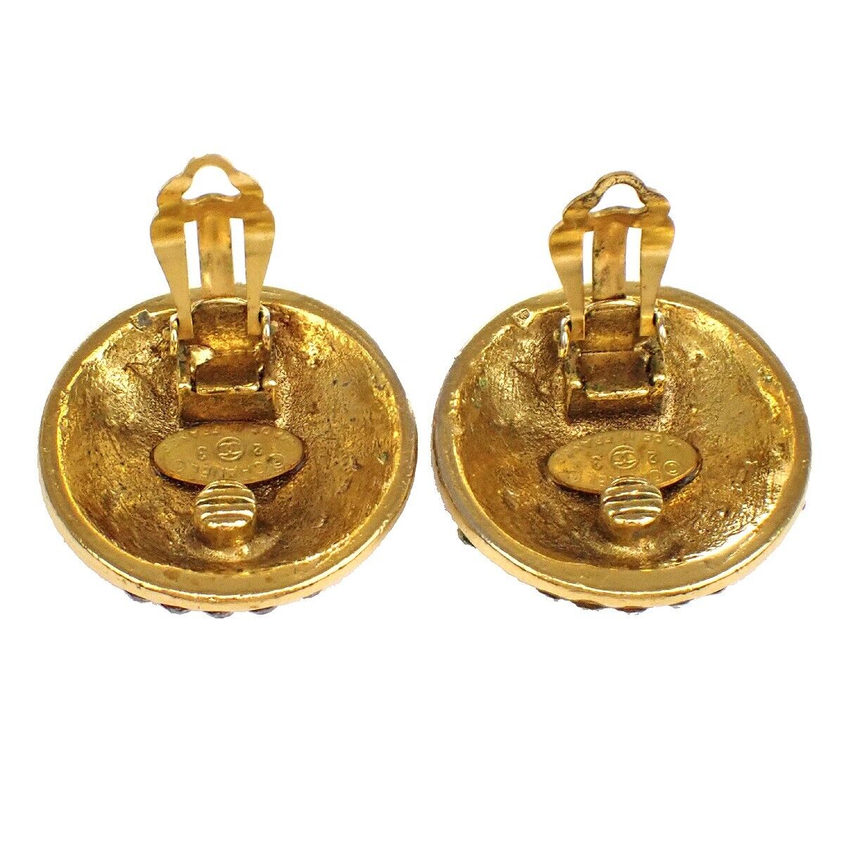 CHANEL CC Logo Round Button Earrings 23 Clip-On Rhinestone GHW Vintage 72GA289