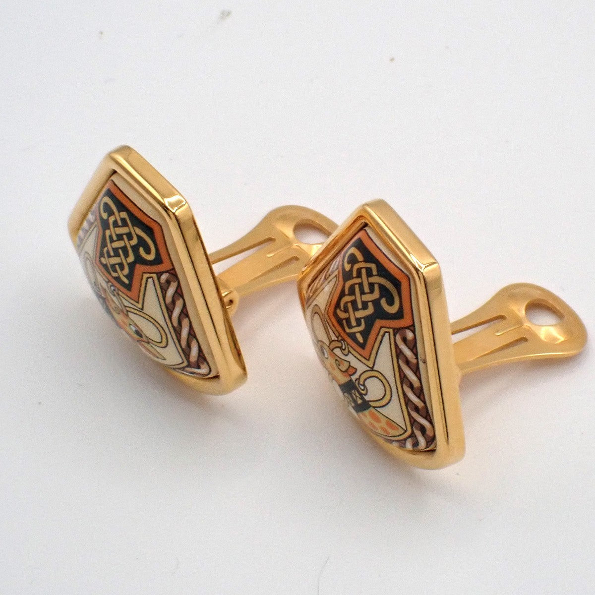 HERMES Logo Cloisonne Celtic Enamel Animal Motif Earrings Clip-On GHW 63RL809