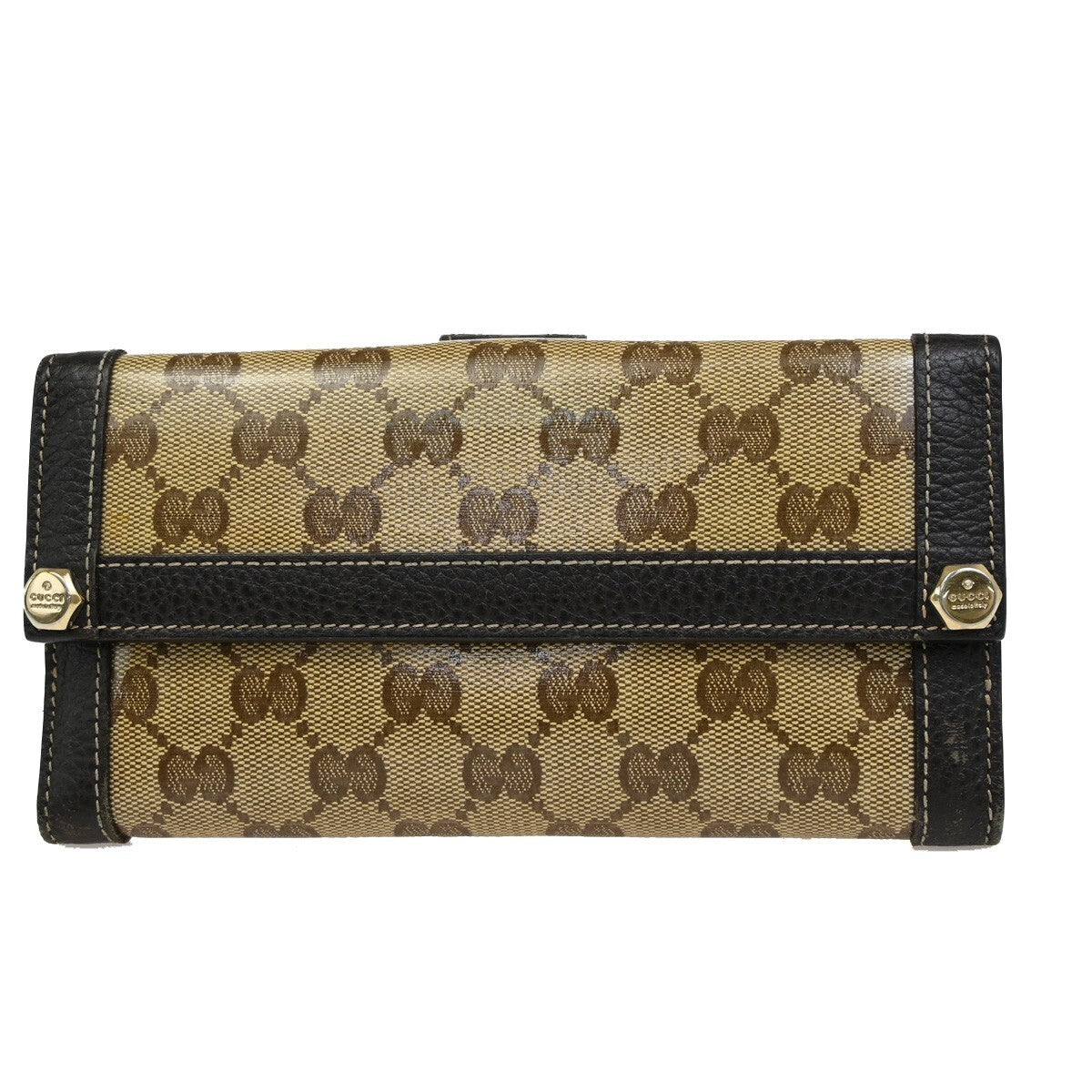 GUCCI Logo Crystal GG Pattern Long Wallet Coating Canvas Leather Brown 63EE258