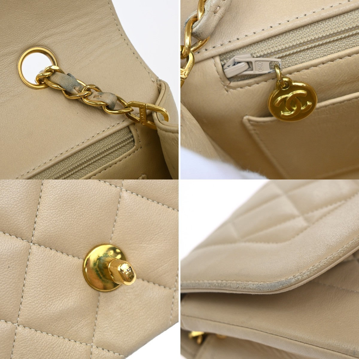 CHANEL CC Diana Matelasse 22 Chain Shoulder Bag Leather Beige Vintage 397RF995