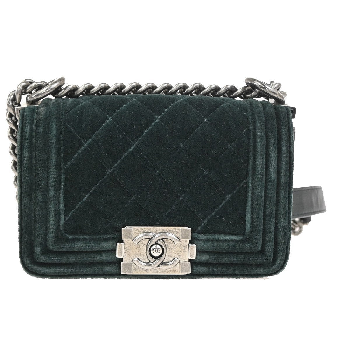 CHANEL Boy CC Chain Mini Shoulder Bag Velvet Leather Green SHW Italy 330RQ030