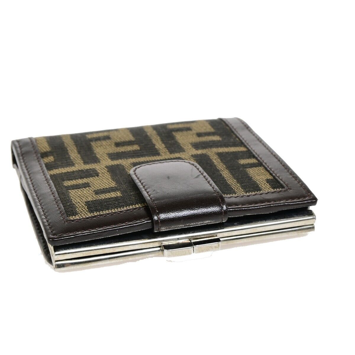 FENDI Logo Zucca Pattern Bifold Wallet Purse Canvas Leather Brown Italy 09HB977