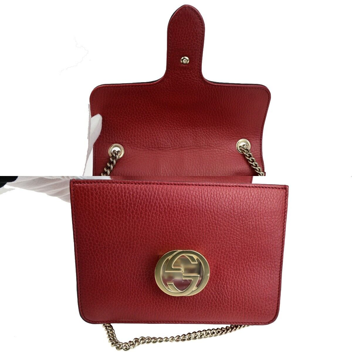 GUCCI Logo Interlocking G Mini Chain Shoulder Bag Leather Red GHW Italy 14ED352