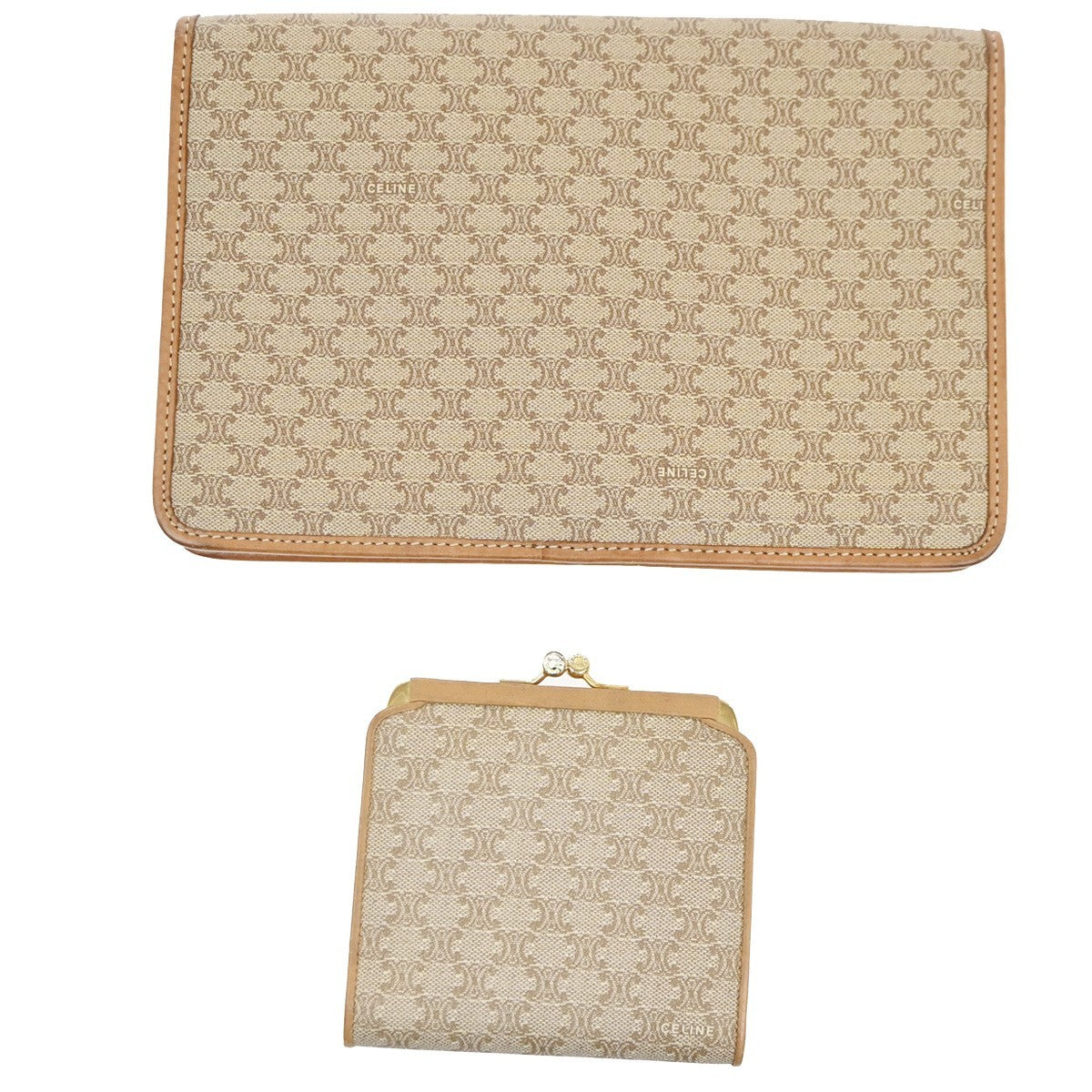 CELINE 2 Set Macadam Pattern Clutch Bag Compact Wallet PVC Leather Brown 02EG244