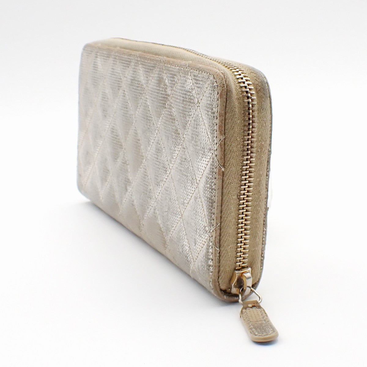 CHANEL CC Quilting Long Zipper Bifold Wallet Leather Silver GHW 05AA126