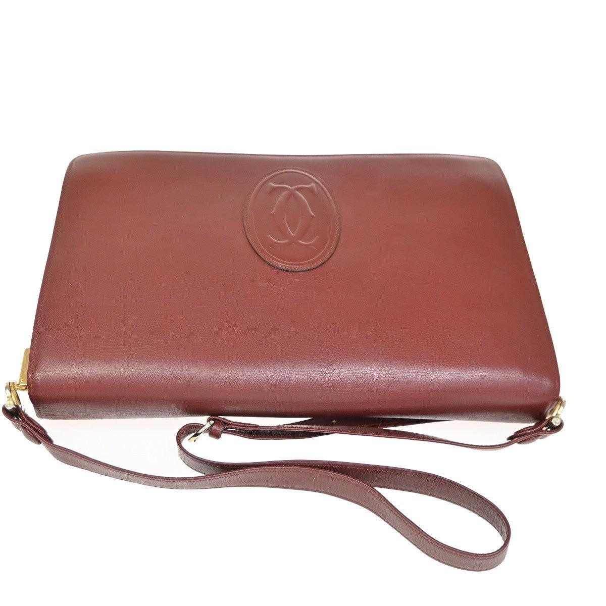 MUST DE CARTIER 2C Logo Flap Shoulder Bag Leather Bordeaux Red GHW Italy 66ZA041