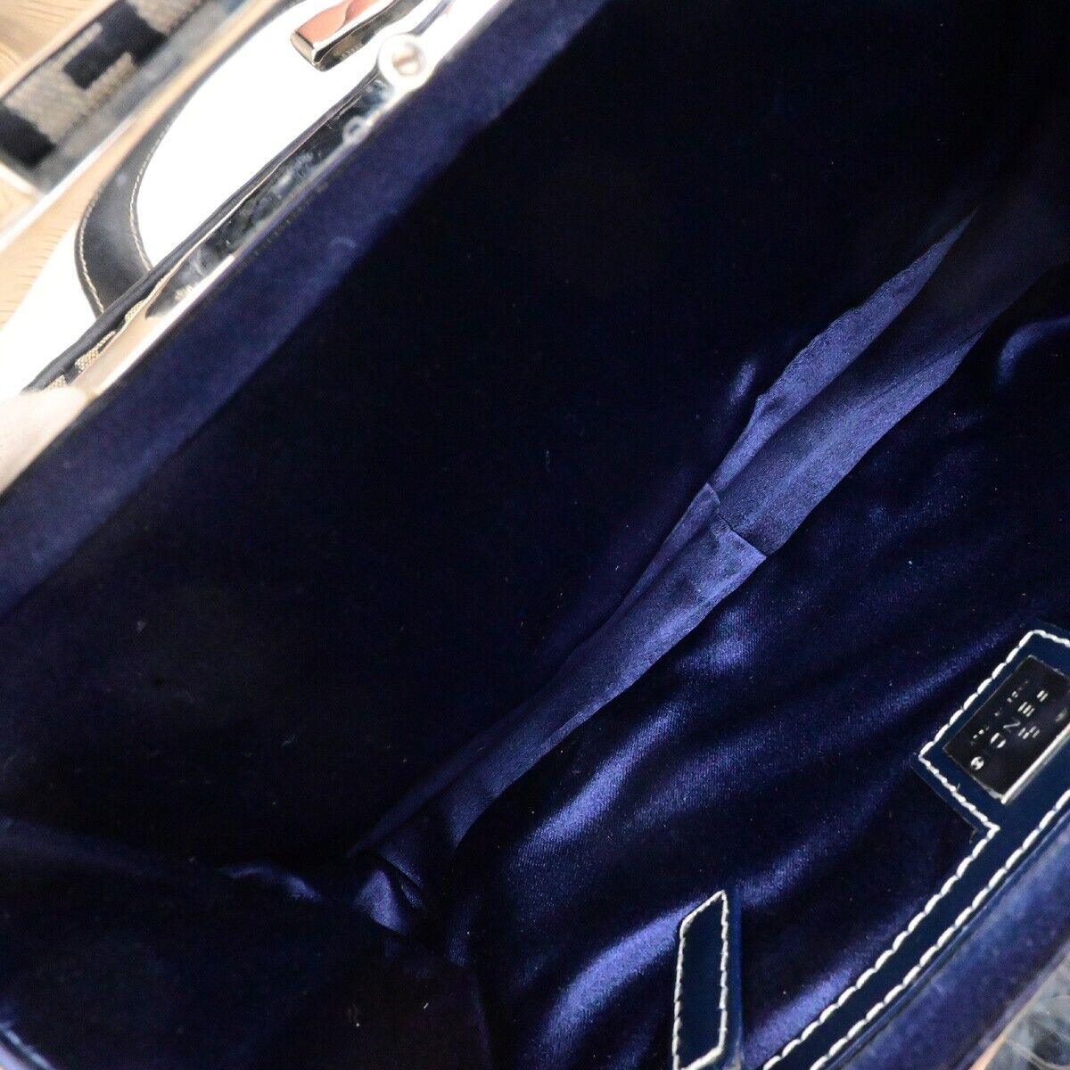 FENDI Logo Zucchino Pattern Hand Bag Nylon Leather Navy Blue Silver 31KA551