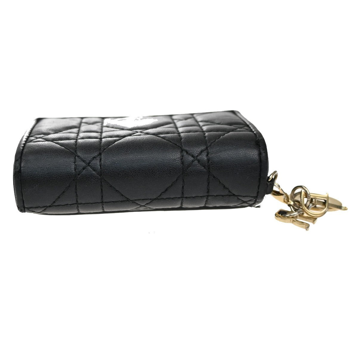 CHRISTIAN DIOR Cannage Charm Trifold Compact Wallet Leather Black GHW 65KB466