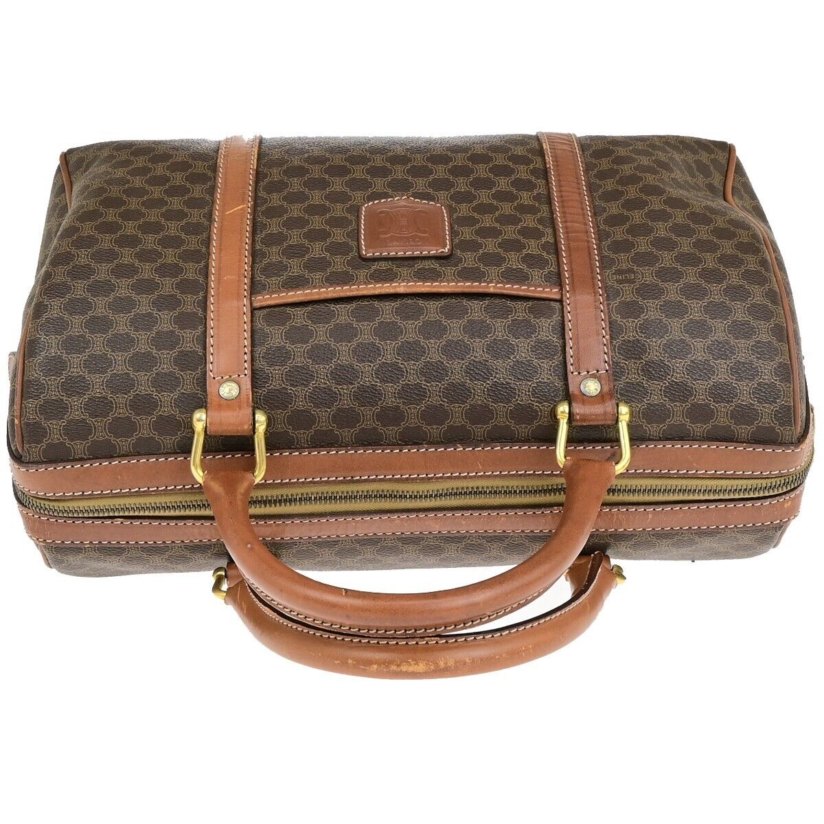 CELINE Macadam Pattern Travel Hand Bag PVC Leather Brown Gold Italy 05ED370