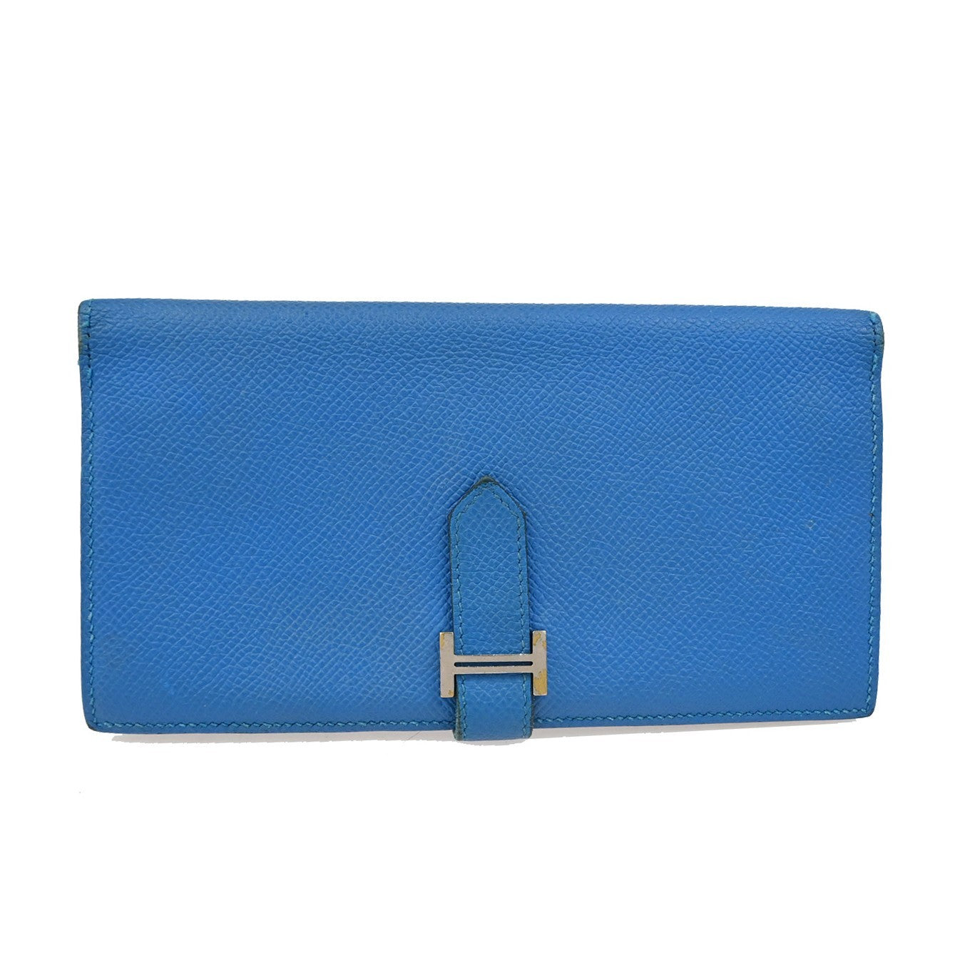 HERMES Logo Bearn Long Bifold Wallet Purse Epson Leather Blue SHW 65RQ023