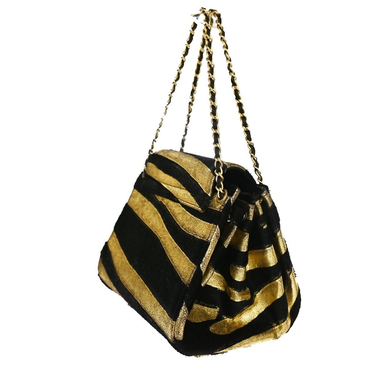 CHANEL 2.55 Zebra Chain Mini Hand Bag Fur Leather Black Gold France 629RH277