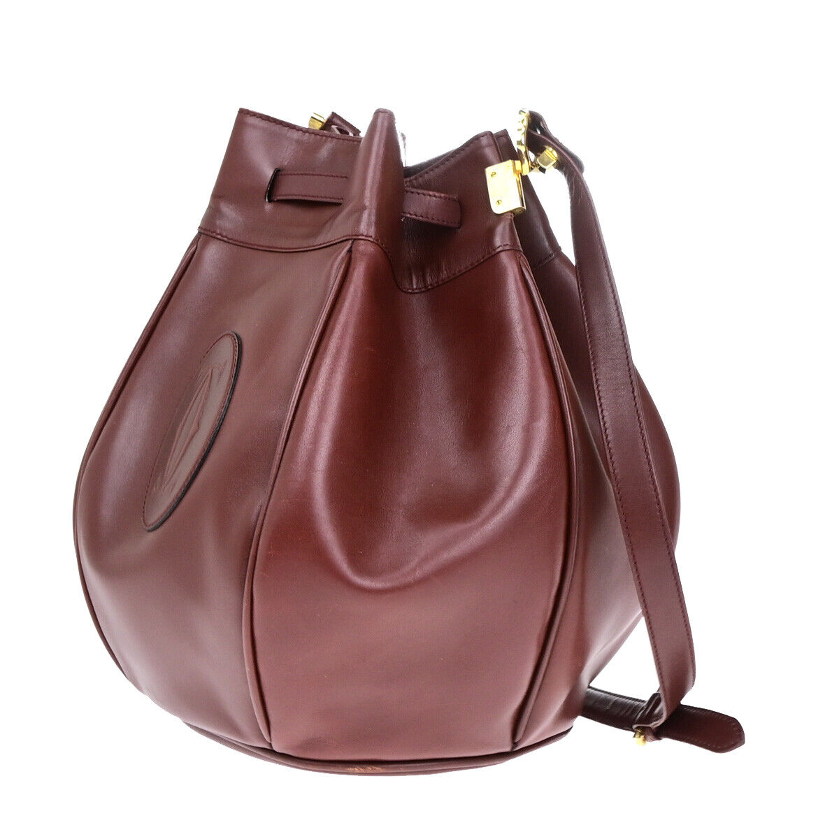 MUST DE CARTIER 2C Logo Drawstring Shoulder Bag Leather Bordeaux GHW 67YF121