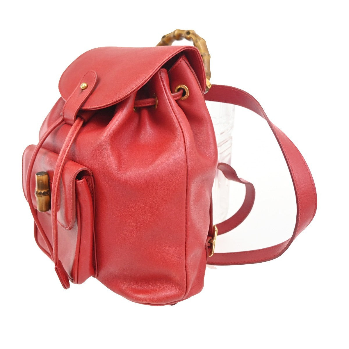 GUCCI Logo Bamboo Drawstring Mini Backpack Bag Leather Red GHW Italy 62ZA194