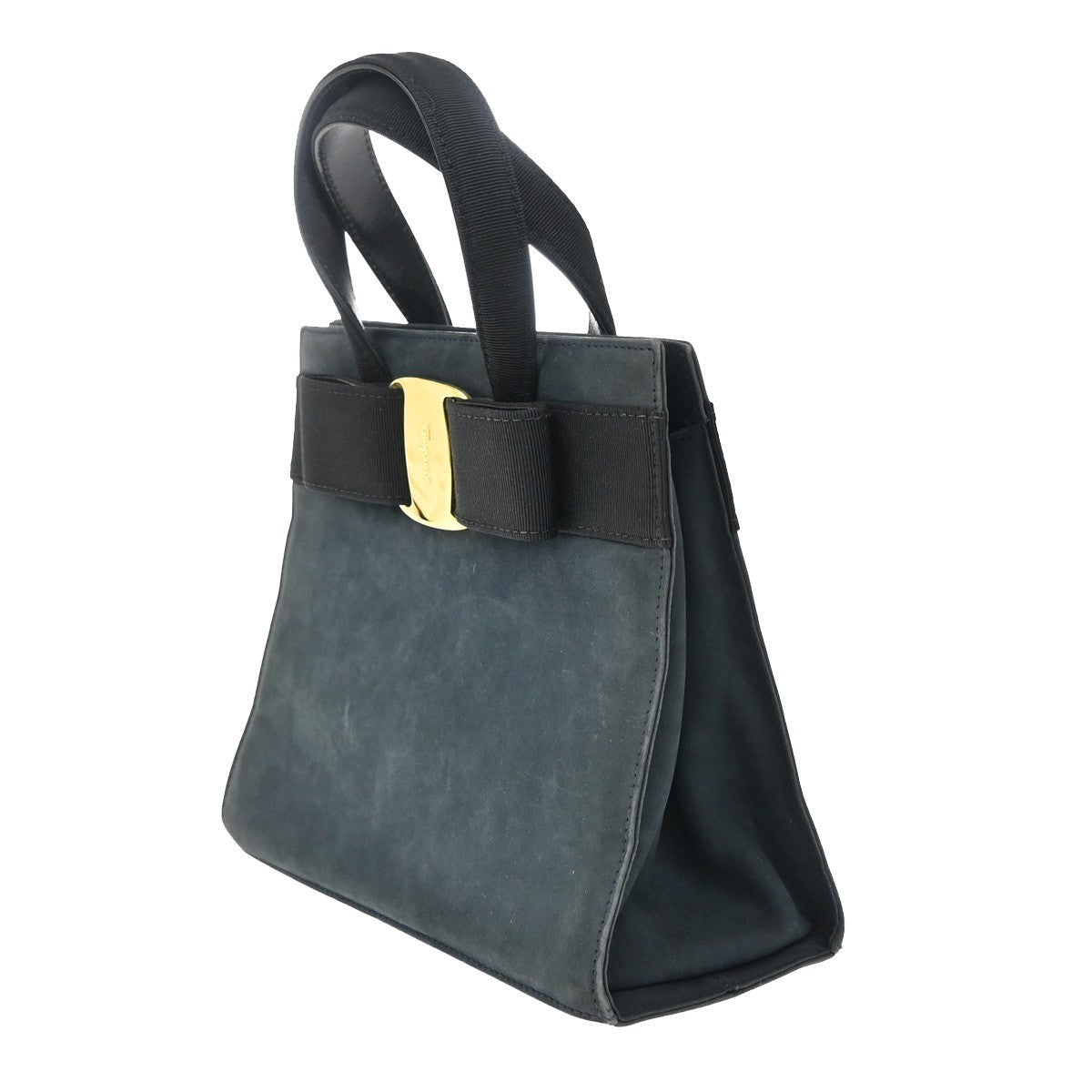 SALVATORE FERRAGAMO Vara Hand Bag Suede Leather Navy Blue Gold Italy 69KB383