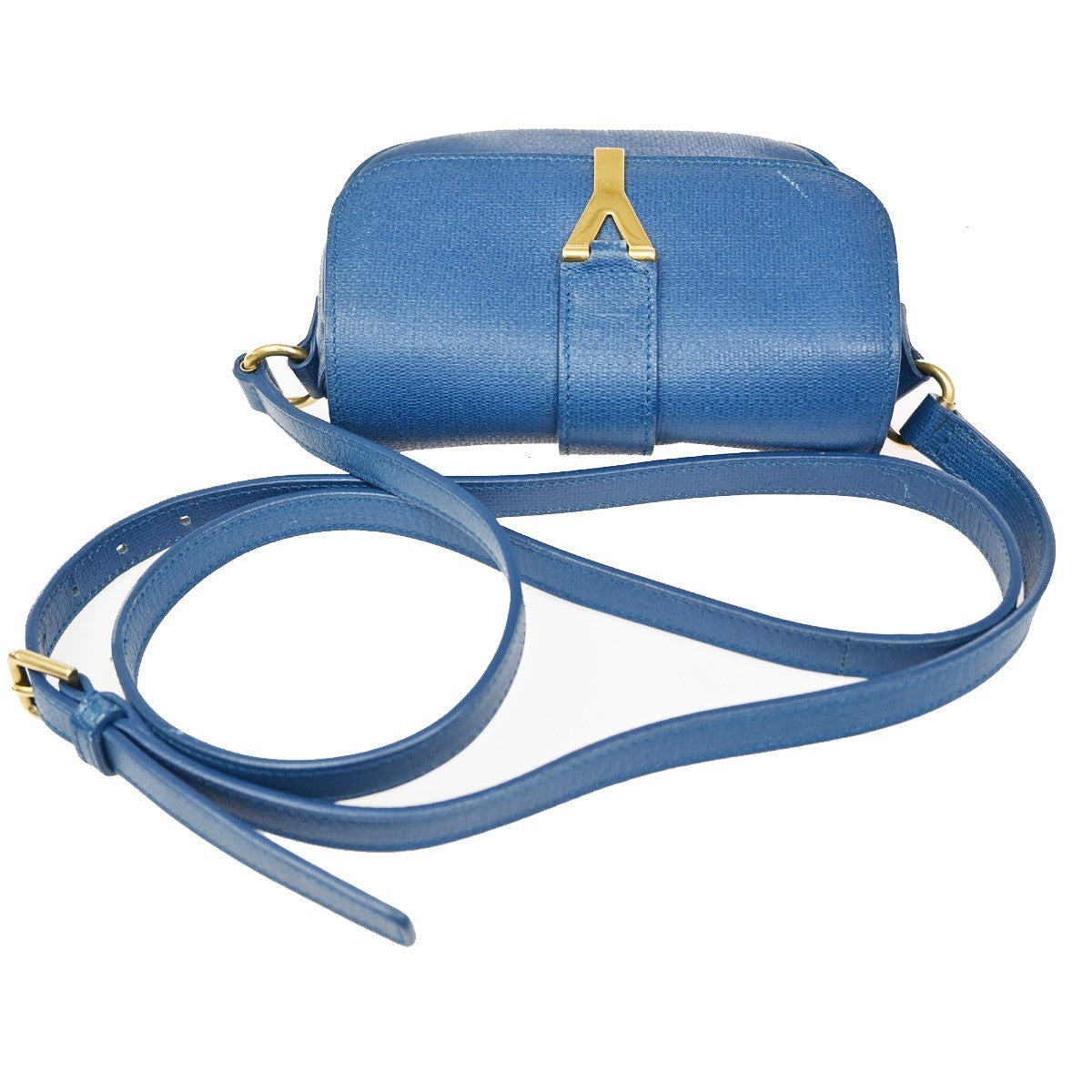 YVES SAINT LAURENT YSL Textured Shoulder Bag Calfskin Leather Navy Blue 69CA594