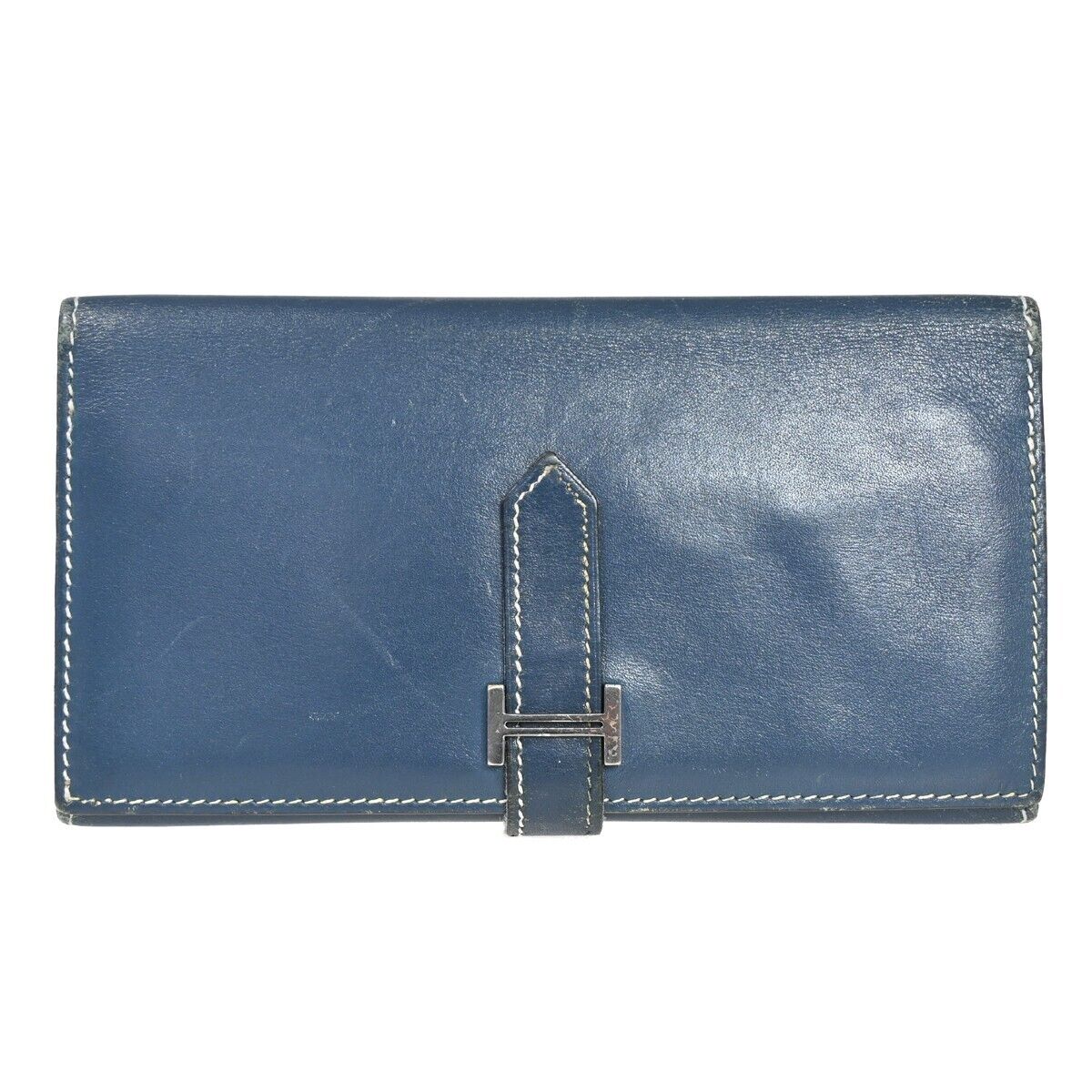 HERMES H Logo Bearn Long Trifold Wallet Purse ▢H Box Calf Leather Blue 82HB258