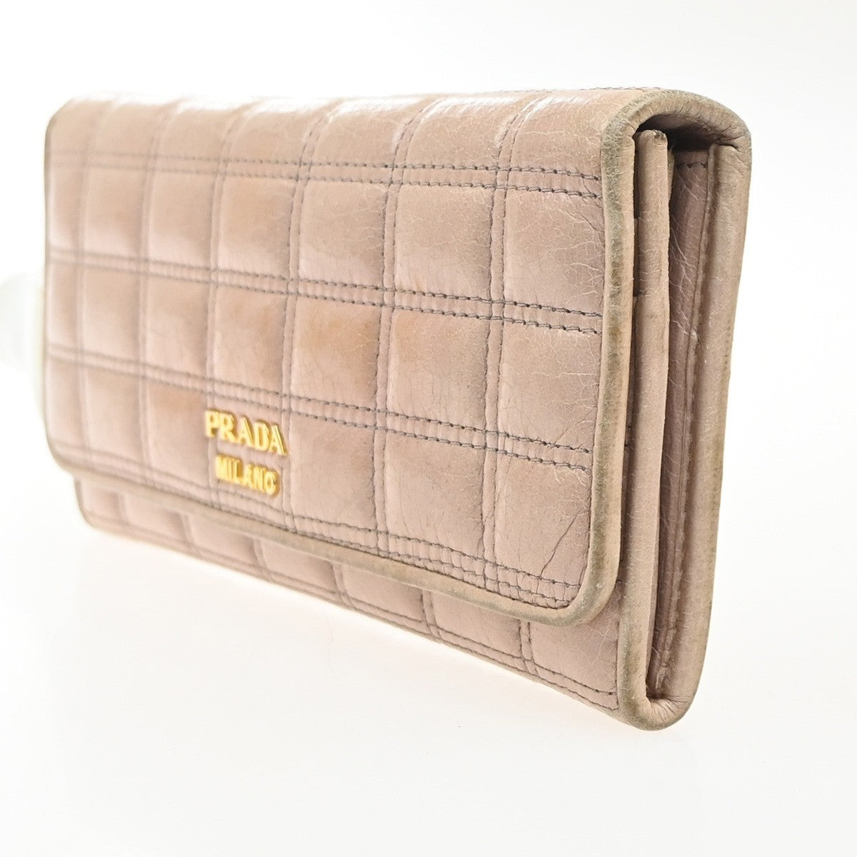 PRADA Logo Bifold Flap Long Wallet  Quilted Leather Pink Beige GHW Italy 01KD035