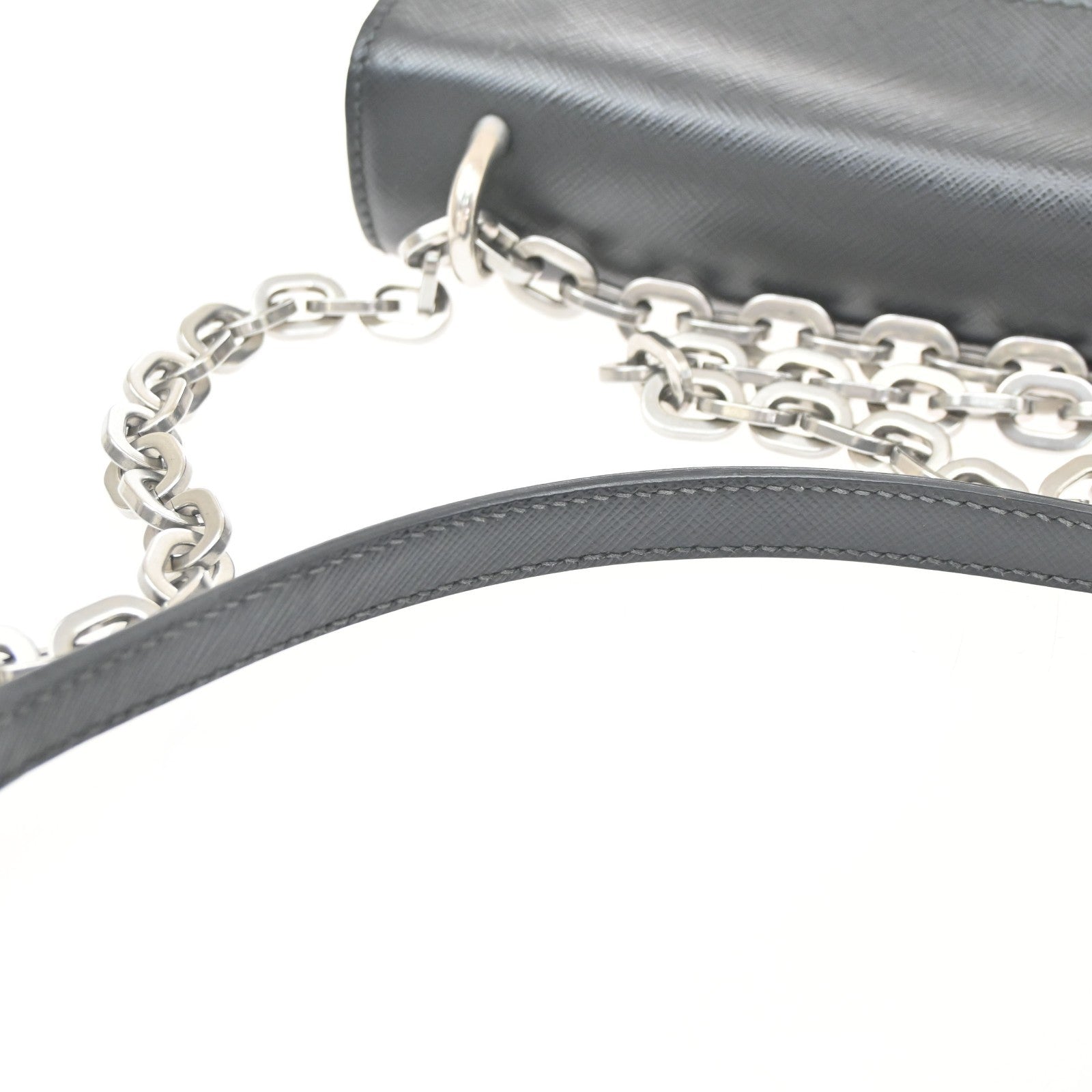 PRADA Saffiano Diagonal Chain Shoulder Bag Nylon Leather Black SHW 10KD064