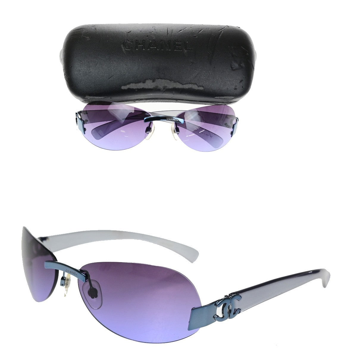 CHANEL CC Logo Rimless Sunglasses Eye Wear Plastic Metal Purple 05RQ087