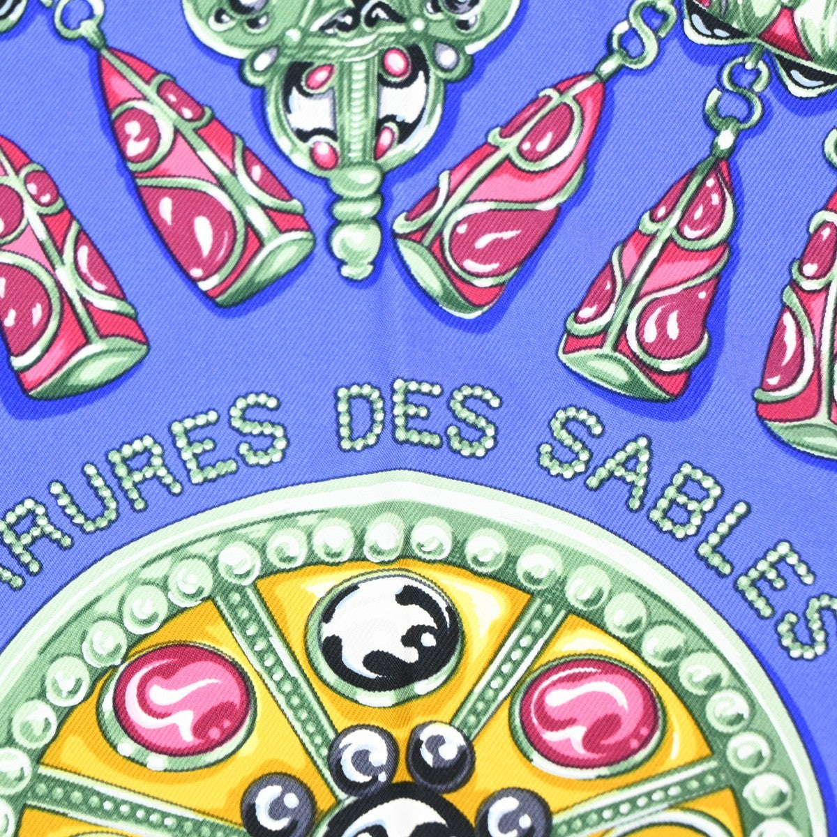HERMES Logo Carre Scarf 90  " PARURES DES SABLES" 100% Silk Blue France 38YJ114