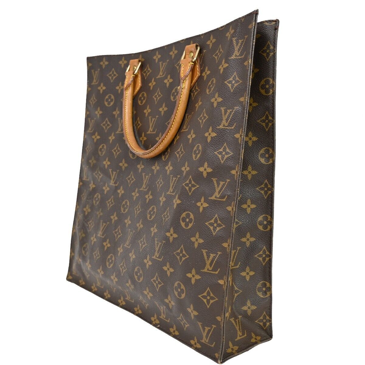 LOUIS VUITTON Logo Sac Plat Hand Tote Bag Monogram Leather Brown M51140 33HB671