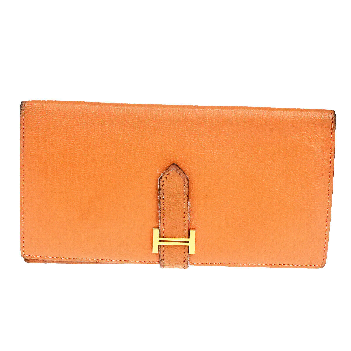 HERMES Bearn Long Bifold Wallet Chevre Mysore Goatskin Leather Orange 69YG766