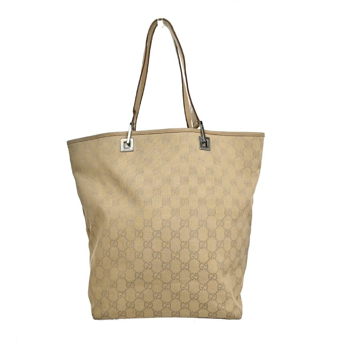 GUCCI Logo GG Pattern Tote Shoulder Bag Canvas Leather Beige SV Italy 08GA225