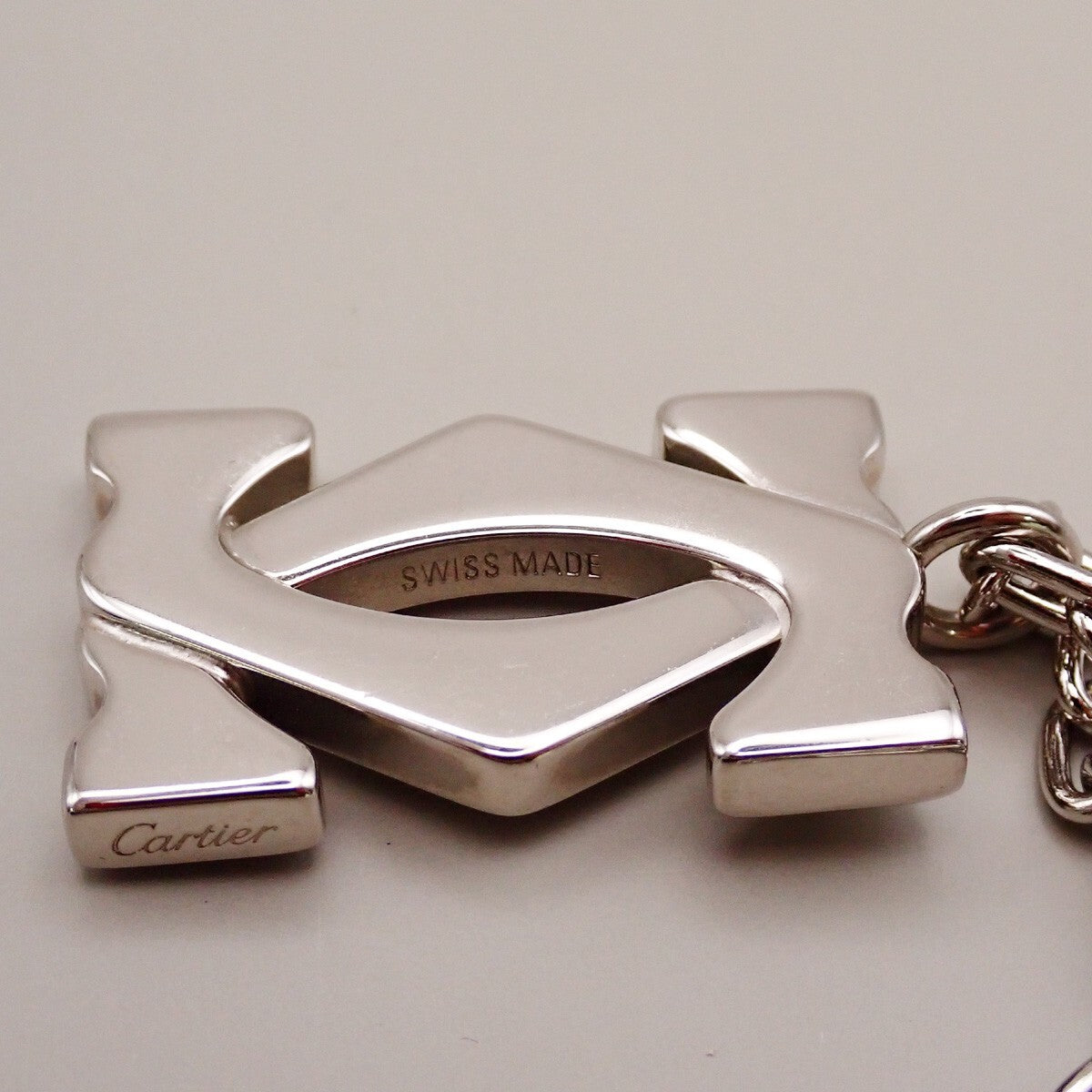 CARTIER 2C Logo Chain Bag Charm Key Ring Silver ACCESSORY 01EE505