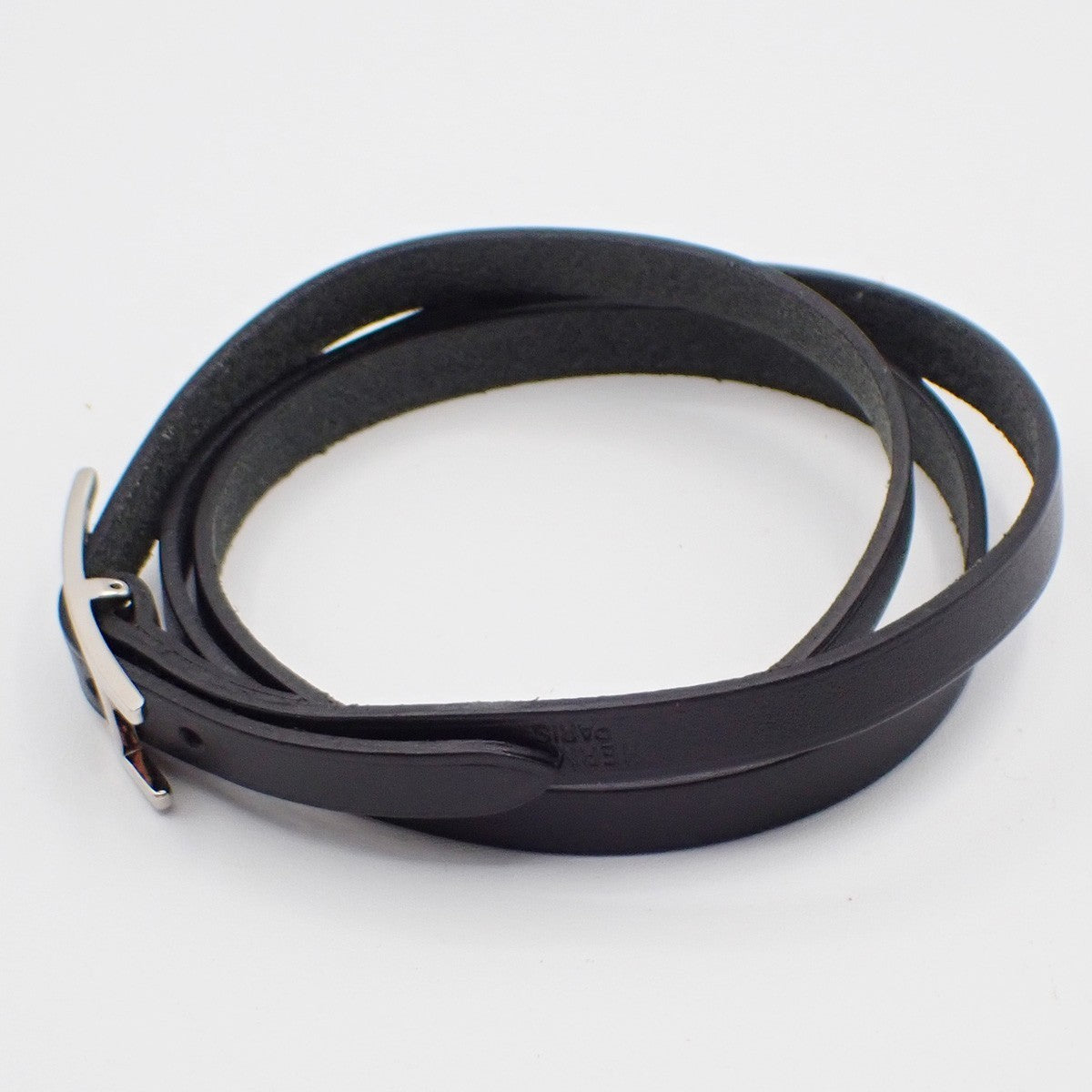 HERMES Api 3 Triple Tour Long Bracelet SHW Leather Sliver Black 67RF760