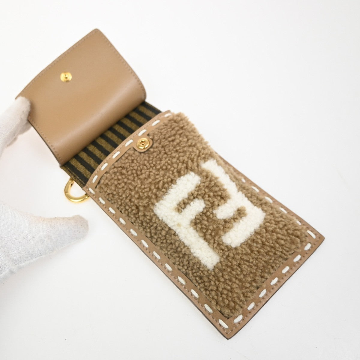 FENDI FF Logo Mini Phone Case Shearling Leather Brown Italy GHW 31RL849