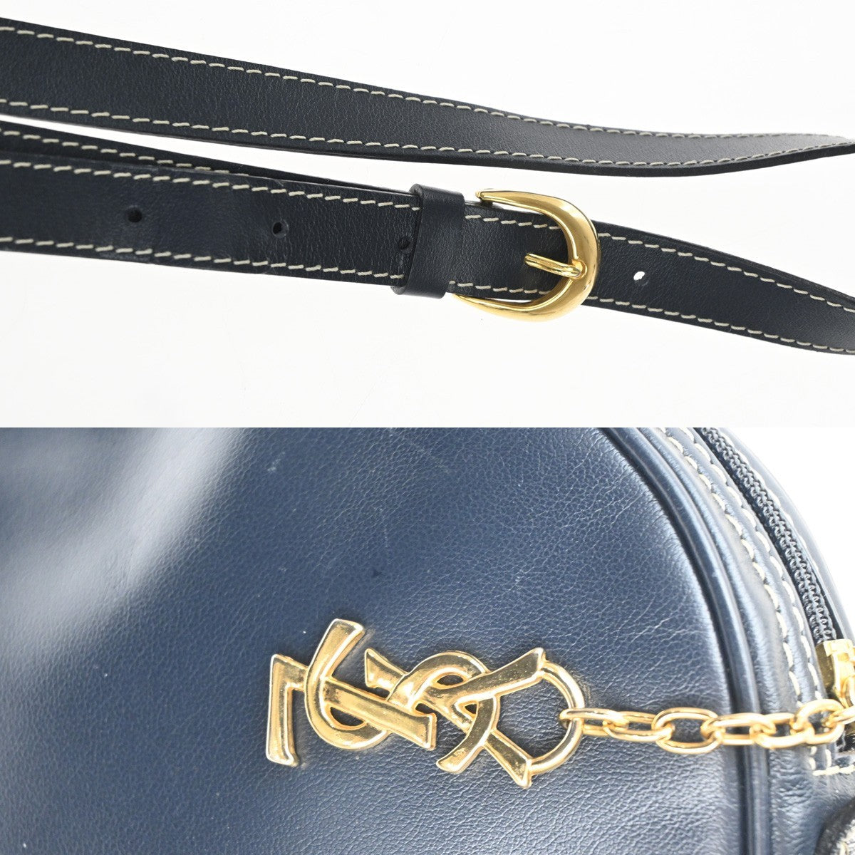 SAINT LAURENT Crossbody Shoulder Bag Leather Navy Blue White GHW France 70TA554