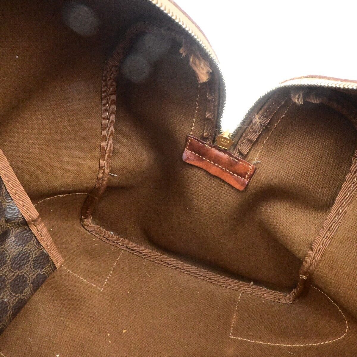 CELINE Macadam Pattern Travel Hand Bag PVC Leather Brown Gold Italy 64ED951