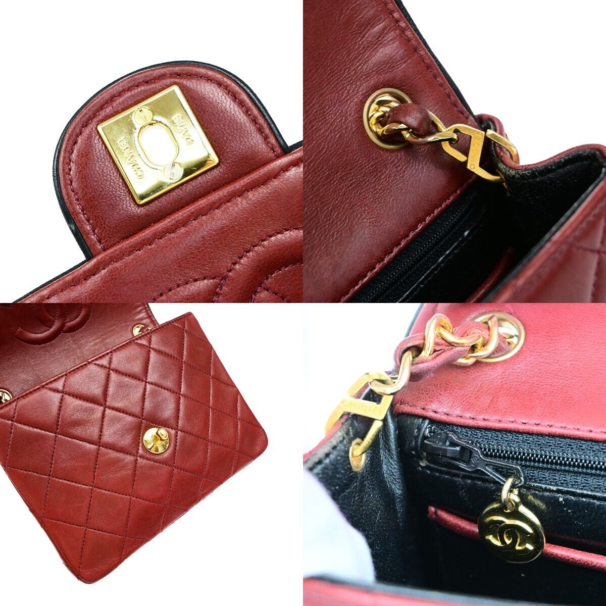 CHANEL CC Logo Mini Matelasse Chain Shoulder Bag Leather Red Vintage 335RF239