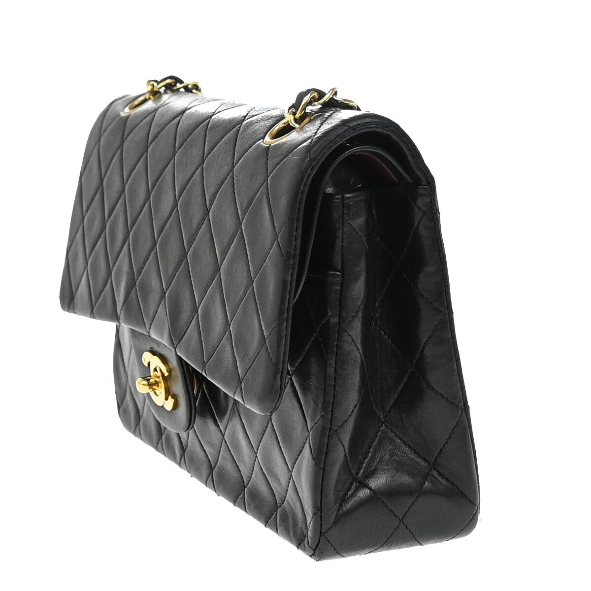 CHANEL CC Matelasse 25 Double Flap Chain Shoulder Bag Lamb Skin Black 892RF267