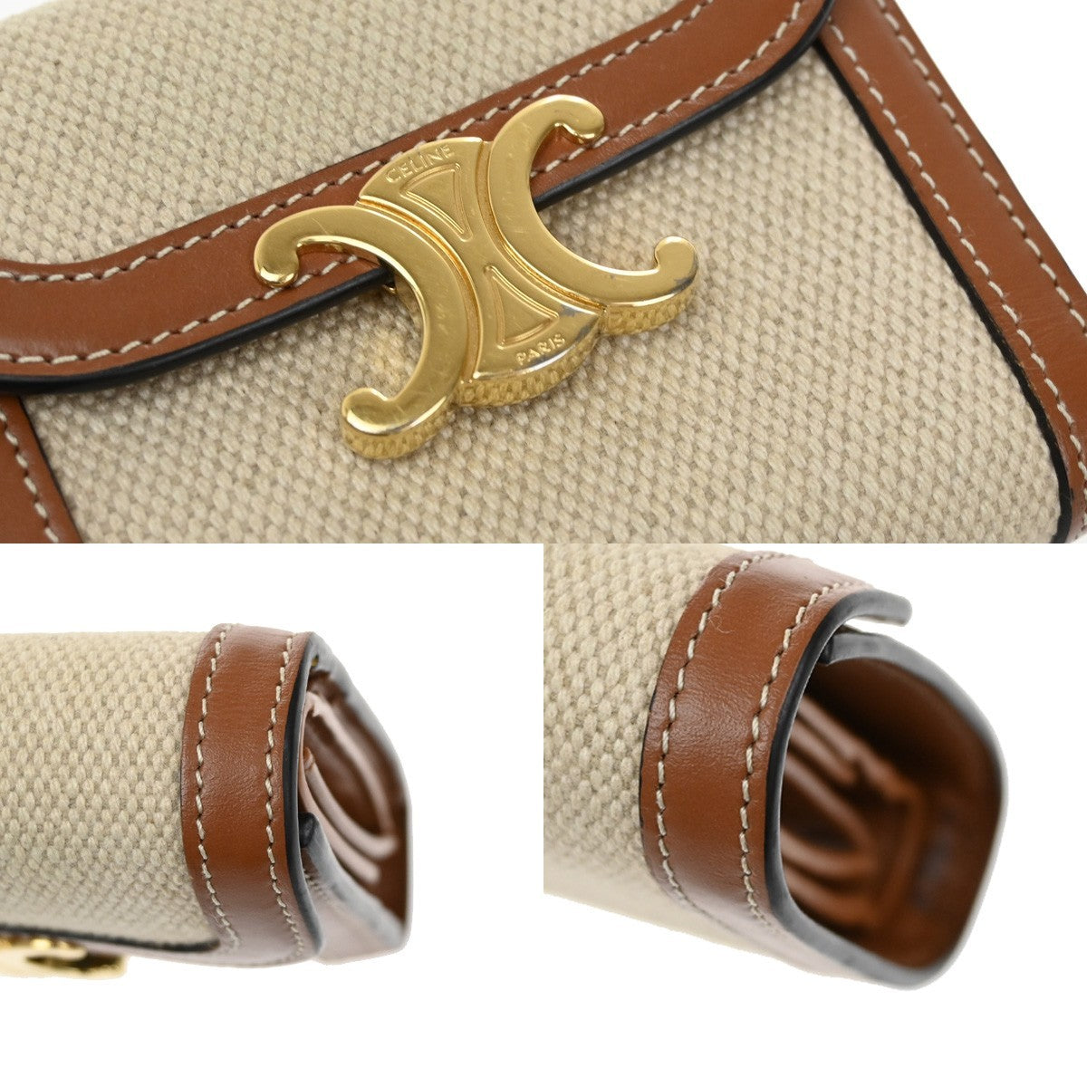 CELINE Triomphe Small Trifold Wallet Purse Canvas Leather Brown BE GHW 87RL411